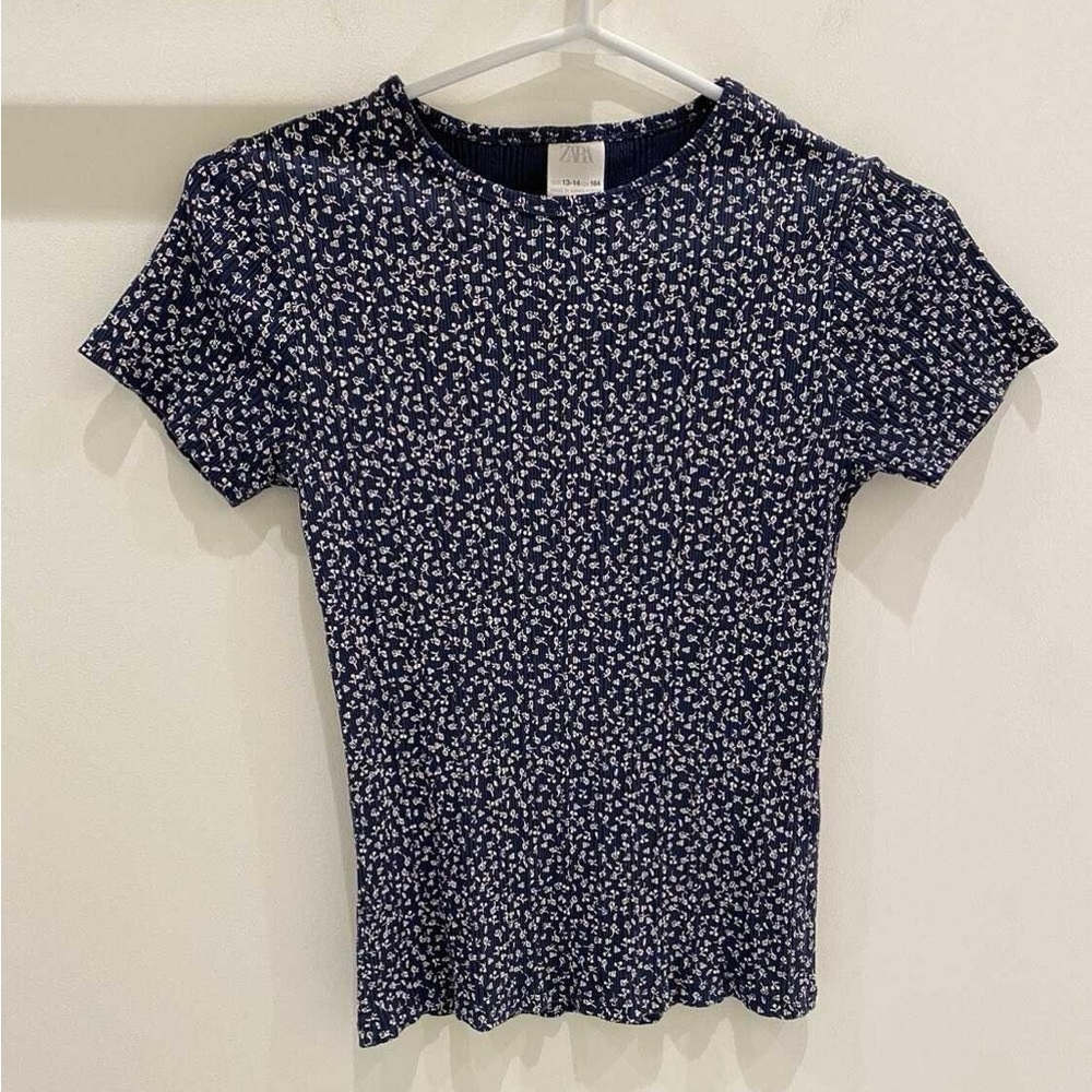 Zara - Girls Blue Ditsy Floral Ribbed T-shirt